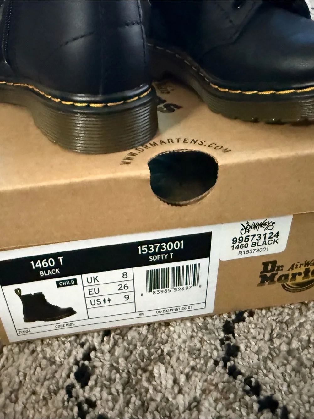 Dr. Martens Kids Black Leather Lace-Up Ankle Boots with Yellow Stitching